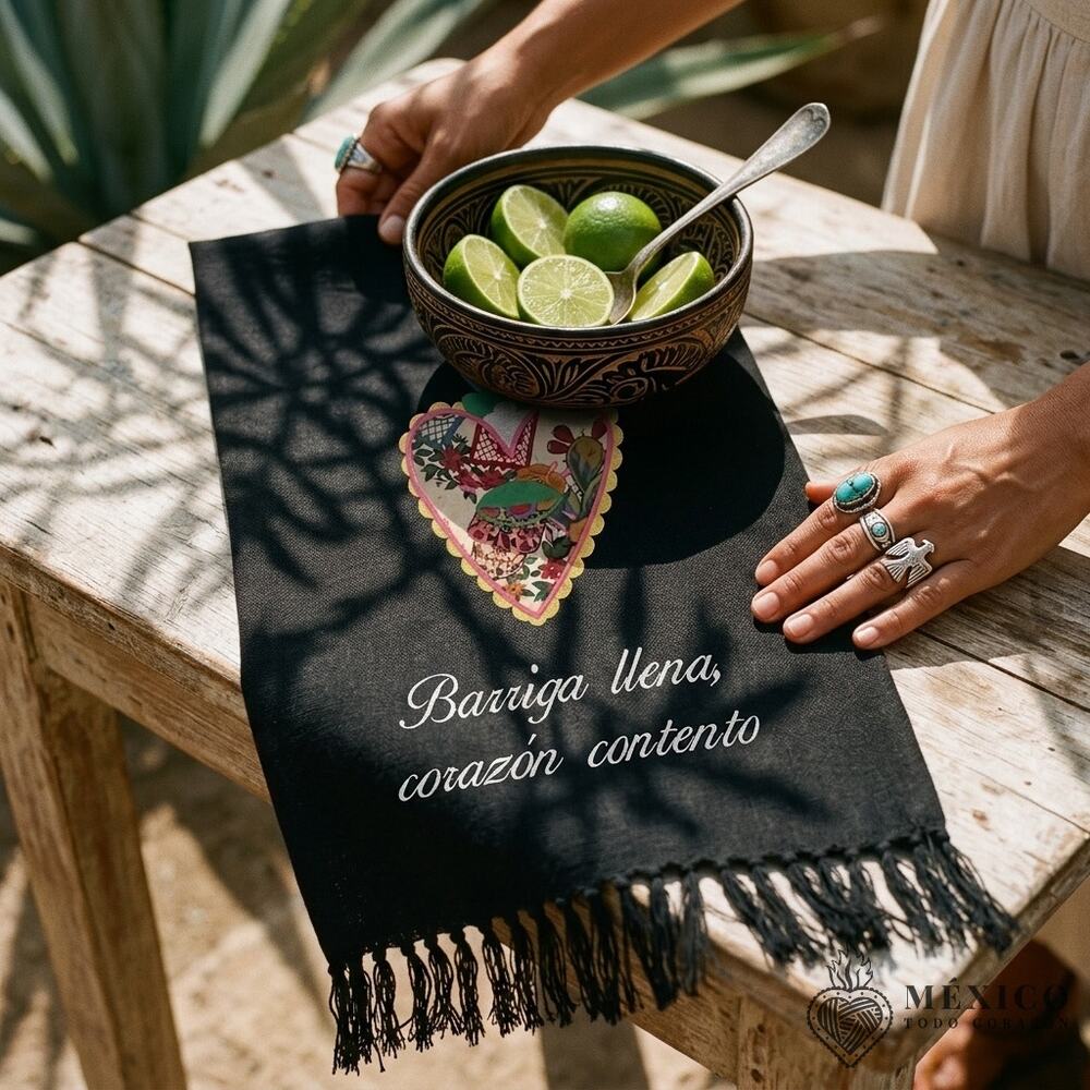 Mexican decorative towel Barriga llena corazon contento 38 x 18 inches
